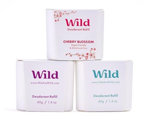 Wild - Natürliches nachfüllbares Deo - Aluminiumsalzfrei - Nachfüll-Sortenpaket enthält Fresh Cotton & Sea Salt, Cherry Blossom, Coconut & Vanilla Düfte - Lang anhaltender Schutz