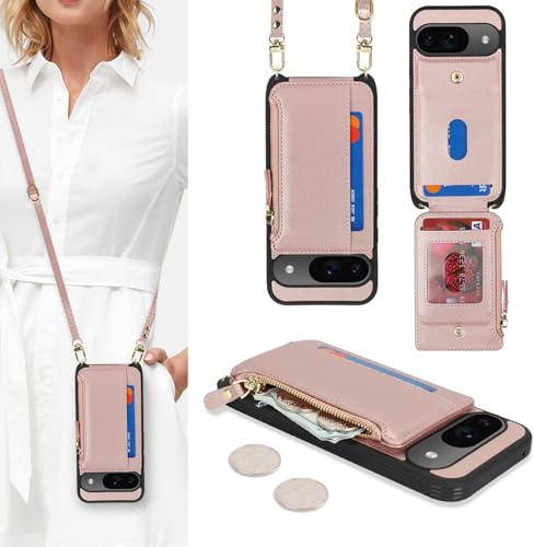 SailorTech Custodia per Google Pixel 9 in Pelle Portafoglio con porta carte di credito, Cover per Pixel 9 Pro Cellulare Regolabile Collana con slot per carte di credito-Oro Rosa