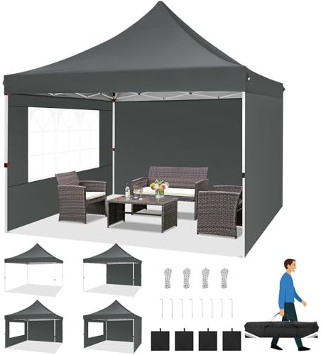 COBIZI Faltpavillon 3X3, Pavillon 3x3m Wasserdicht Stabil Winterfest, Faltbar Partyzelt mit 3 Seitenwänden & 4 Sandsack Pop up Gartenpavillon Anti-UV für Hochzeiten, Freien, Grau