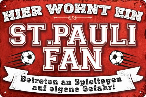 20x30cm Blechschild für Fußball Fans, hier wohnt ein St. Pauli Fan – Wandschild, Türschild, Torschild, lustiger Fussball Spruch, Fanartikel