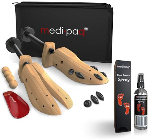 Medipaq Adjustable Shoe Trees with Stretching Spray - 1x Shoe Stretchers for Men (7-12) & 1x Women (3-8) with Cedar Balls & Storage Bag