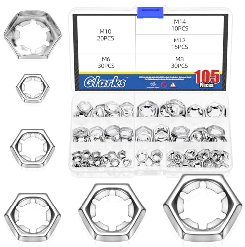 Glarks 105pcs M6 M8 M10 M12 M14 Kit di assortimento dei dadi di bloccaggio Push On, 304 dadi di anelli di spinta esterni in acciaio inossidabile, dado di bloccaggio rapido
