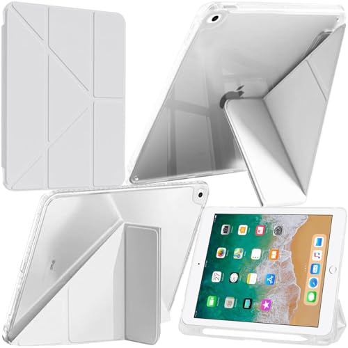 Hülle Kompatibel mit iPad 9,7 Zoll (6./5. Generation, 2018/2017) / iPad Air 2/ Air 1 mit Stifthalter, Klare Stoßfest Schutzhülle, 6-in-1 Y Fold Ständer, Auto Schlafen/Wachen, Weiß