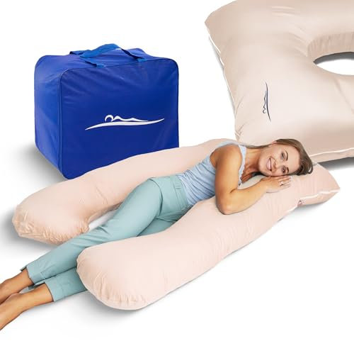 MKS Seitenschläferkissen mit Bezug | Komfortkissen (100 x 150 cm) | Schlafkissen | Seitenschläferkissen u Form | Ergonomisches Premium kühlendes Kuschelkissen (Bambus (Kühlend) / Beige)
