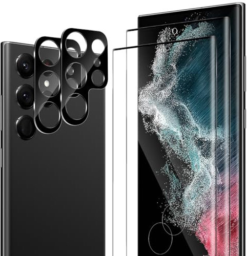 ELYCO Cristal Templado por Samsung Galaxy S22 Ultra 5G, 2 Piezas 3D Protector de Pantalla + 2 x Protector de Lente Cámara, 9H Dureza Anti-Rasguños Protector Pantalla, Sin Burbujas HD Vidrio Templado