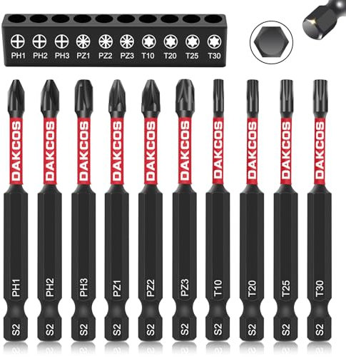 DAKCOS Long Screwdriver Bit Set, 10PCS 1/4 Inch Hex Shank Bit Set, Flat Head Drill Bits for Impact Power Tool PH1/PH2/PH3/PZ1/PZ2/PZ3/T10/T20/T25/T30, S2 Steel, 75mm