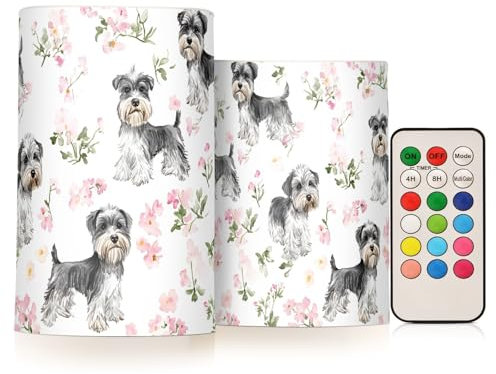 famyily Ästhetische Miniatur-Schnauzer-Hunde, weiß, flammenlos, flackernde Kerzen, Stumpenkerzen-Set mit Timer, für Weihnachten, 10,2 cm, 12,7 cm, 2 Stück