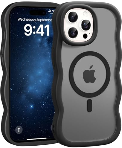 Jrkvniv Cover Magnetica per iPhone 14 Pro Max Custodia, Compatibile con Magsafe Cornice Cornice Ondulata Forma Traslucida Opaca Cover Morbido Silicone Protettiva Antiurto Antigraffio Case, Nero