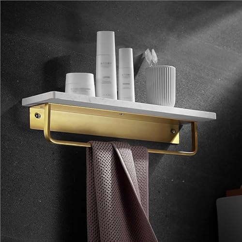 Étagère Flottante en Marbre avec Barre Porte-Serviettes, Étagère Murale Blanche Et Dorée pour Douche, Salle De Bain, Cuisine, Salon Ou Chambre À Coucher(Gold with Rod,50cm)