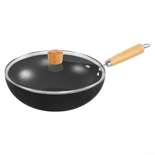 Padella antiaderente con fondo piatto per uso in cucina con wok e pentole in ferro, include copertura in vetro per brasare, mescolare e friggere (24 cm)