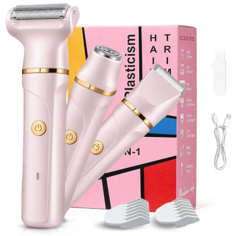 Bikini Trimmer Women, 3-in-1 Painless Lady shavers for Women with Ceramic Blades & IPX7 Waterproof Design, Rechargeable Cordless Electric Razor for Women for Legs, Underarms, Face & Bikini Line