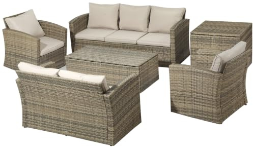 Outsunny Set Mobili da Giardino 6 Pezzi in Rattan, Salotto da Giardino con 2 Tavolini Contenitore, Divani e 2 Poltrone Imbottiti per 7 Persone, Beige