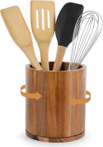 Dexpally Pot Ustensiles Cuisine en Bambou Pivotant à 360°, Rangement Ustensiles Cuisine pour Comptoir, Pot pour Ustensiles de Cuisine, 18.5×15.5×15.5 cm, Décoration de Cuisine.