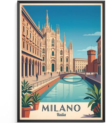 MJ-GRAPHICS® Poster Mailänder Dom Kunstdruck Vintage Wandbild Architektur Deko Retro Farben Wohnzimmer Deko Italienisch Design Grafik Kunst Werk Metro Chic A4 ohne Rahmen