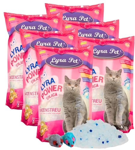 Lyra Pet® | 6 x 5 L = 30 L Lyra Power Silica Silikat Katzenstreu + 2 Spielmäuse |100% Kieselgel | Keine Klumpenbildung | Neutralisiert den Geruch | Staubfrei & Unparfümiert | Hygienisch & Saugstark