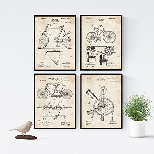 Nacnic 4 Bilder mit Fahrrad Patenten | Posterset mit Erfindungen und alten Werkzeugen | Bilder von Fahrrad, Tandemfahrrad, Kette und Fahrradrahmen | Größe A4.