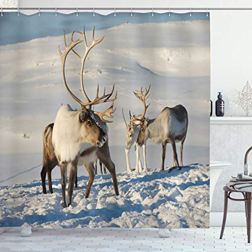 ABAKUHAUS Rentier Duschvorhang, Rentiere Norwegen Caribou, Stoffliches Gewebe Badezimmerdekorationsset mit Haken, 175 x 200 cm, Brown Ivory Blau
