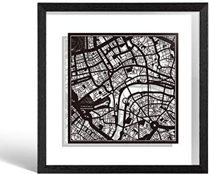 O3 DESIGN STUDIO London Paper Cut Map framed, Black map, Black frame, 9x9 inches, Gift Boxed, 2 background color, self-changing, Paper Art