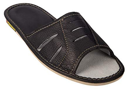 APREGGIO - Ciabatte Estive da Uomo in Pelle Liscia - Pantofole Casa Uomo - Punta Aperta - Slip-On - Suola Piatta - Nero - Taglia 46 EU