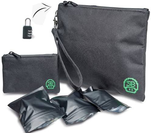 Stash Bros Smell Proof Bag - Mini & Large Smell Proof Container + 3 Smell Proof Baggies & Lock - Accessories with Activated Carbon Lining