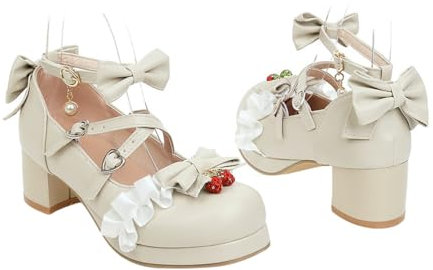 Holibanna Women Block Chunky Heel Mary Jane Pumps Platform Round Toe Lolita Shoes Beige