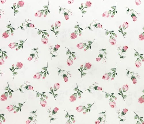 100% Cotton Poplin Fabric - Pretty Pink Rose Bud Floral Print on Ivory - Craft Fabric Material by the Metre (CP0456IVORY)