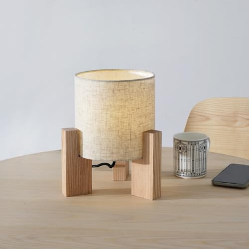 ouglres Nachttischlampe aus Holz,Lampenschirm aus Leinen In Weiß,Drahtgebundene Schalter,E27 Sockel Tischlampe,Moderne beige Tischlampe Im Vintage-Stil Für Wohnzimmer Und Schlafzimmer