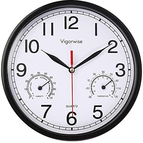 Vigorwise Wall Clock, Sweep Silent Movement Accurate Clocks with Temperature & Humidity, Decorative for Kitchen/Living Room/Bedroom/Office/School/Classroom (Black, 8 inch)