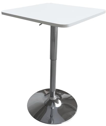 Table de Bar carrée Blanche et Chrome Luke. Table de Bar réglable en Hauteur. Table Haute Blanche avec Pied chromé.