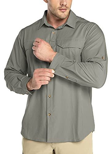 Outdoor Ventures Hemd Herren Freizeithemd Langarm Outdoor Shirt Atmungsaktive Schnell Trocknende Funktionshemd, Männer Frühling Sommer UV-Schutz Sportshirt Grau Grün XL