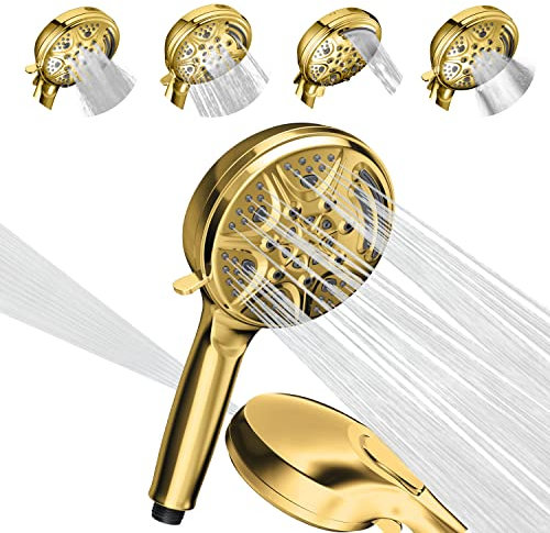 SparkPod 5 Inch 9 Spray Setting Shower Head - High Pressure Jet with On/Off Switch, Pause & Waterfall Setting - Premium ABS Removable Handheld Shower Head (Egyptian Gold)