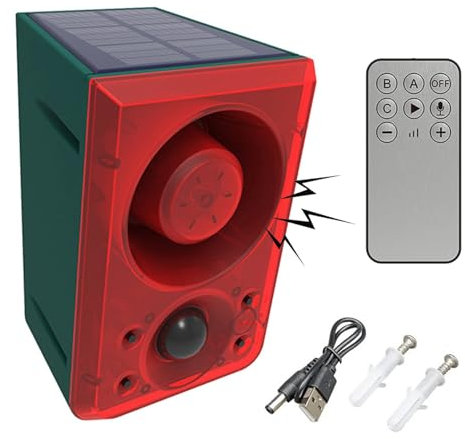 LAFEINA Solar Sound & Strobe Light Alarm Motion Detector, Gunshot & Dog Barking & Recording, Record 20S Custom Message Siren Security Alert System for Farm Barn Villa (2)