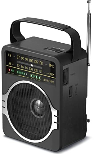 JEUJUG Portable AM FM Radio, Bluetooth 5.0 Radios 5 Watts Loud Speaker,FM Radio Built-in Rechargeable Battery/DC D*4 Cell Battery Operated & AC Power Plug in Wall Black