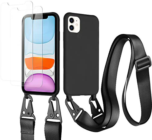 vrupin kompatibel mit iPhone 11 Handykette Hülle,[2 Stück Schutzfolie 9H Härte Gehärtete Folie].Necklace Hülle Nylon Schultergurt Weich Flüssiges Silikon-schwarz