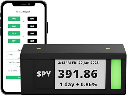 TickrMeter Stock Ticker with E-Ink Screen and WiFi Connectivity - Stackable Design for Room Accessories and Office Decor. Finance Tech Gadgets, with: 2.9inch, 296x128 pix. Includes USB-C Cable.