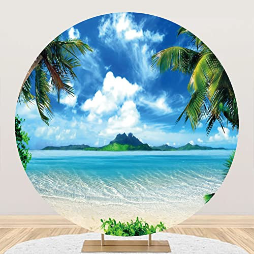 SDOTPMT Diameter 230cm Tropischer Strand Runde Hintergrund Abdeckung Küsteninsel Palmen Blauer Himmel Weiße Wolken Fotos für Fotografie Hintergrund Hawaii Luau Hochzeitsfeier