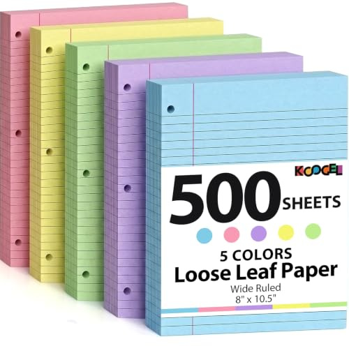 Koogel 5-Color Loose Leaf Paper, 500 Sheets Wide Ruled, 8 x 10.5 Inch, 3-Hole Punched for 3-Ring Binders, Perfect Notebook Paper Filler for Note-Taking, Ideal for School Student & Office Supplies