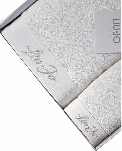 Russo Tessuti Set Bagno Teli Spugna 100% Cotone 1+1 Viso Ospite Liu Jo LiuJo Lurex Logo Ricamo-Avorio