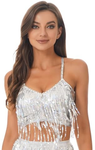 MSemis Damen Glänzend Pailletten Fransen Crop Top Ärmellose Weste Bauchtanz Danze Top Oberteil Kostüm Quasten Shirt Glitzer Tanzkleidung Silber M