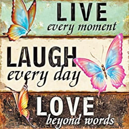YEESAM Kunst, vorbedruckte Kreuzstichsets für Erwachsene und Anfänger, Live Laugh Love – motivierende Zitate mit Schmetterlingen, 11CT, vorbedruckt, 36 x 36 cm Stickerei-Kit