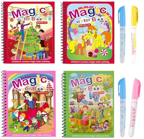 SLshiBo Livre Magique à l'Eau 4 Pièces - Livre de Coloriage et Dessin Réutilisable pour Bébé avec Pinceau - Pour Enfants, Garçons et Filles