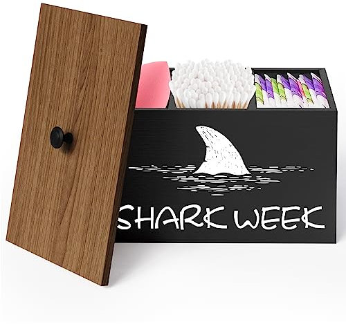 WINUSD Tamponhalter für das Badezimmer, Haifischwoche Badezimmer Organizer, 3 Fächer Q Tips-Holz Wattestäbchen-Spender Schminke Veranstalter, Beweglich Feminin ProduktVeranstalter(Schwarz)