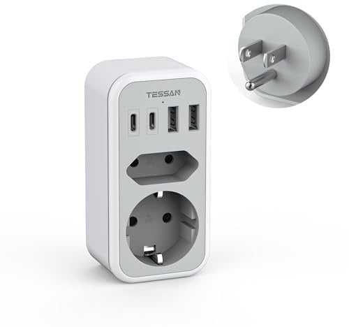 TESSAN Adaptateur Prise USA, 6 en 1 Prise Canada avec 2 USB C et 2 USB A, Adaptateur Type B France vers Americaine Canada Mexique Thailande
