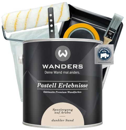 Wanders Pastell Erlebnisse Wandfarbe 2,5L (dunkler Sand, Beige) inkl. Streichset Basic – Premium Kreidefarbe, Leichte Anwendung, Hochdeckend, Ultramatt, Perfekt für Heim-DIY