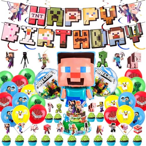 WuGU Mine-Craft Décoration Anniversaire 47 Pièces, Fête Theme Décorations Ballon avec Bannière, Cupcake Topper, Ballons pour Enfants