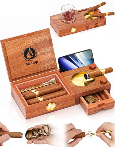 Zigarren-Humidor & Aschenbecher-Set mit Zedernholz ausgekleidet – mit Zigarrenschneider, Hygrometer, Luftbefeuchter, Zugverstärker, Whiskey-Tablett und Handy-Halter – Geschenk für Männer