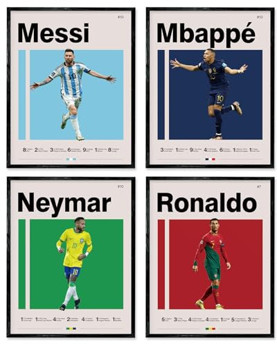 A ART·ZONE Fußball Plakate 8x10 Zoll Leinwanddrucke Ungerahmter Satz von 4 - Messi, Ronaldo, Mbape und Neymar Berühmter Fußball Superstar Poster Sport Dekor Wandkunst für Jungen Schlafzimmer