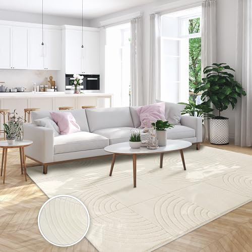 Paco Home Wohnzimmerteppich, Moderner Kurzflor in Creme, 3D Muster, weich, pflegeleicht, Design Teppich, Schlafzimmer, geometrisch, Grösse:200x290 cm