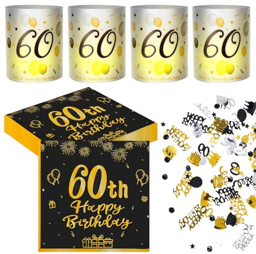 Yamitora 12 Stück Windlicht Tischdeko Geburtstag, 20 Stück 60 Geburtstagsdeko Schwarz Gold Papier Servietten mit Konfetti für 60. Geburtstag Mann Frau Happy Birthday Decorations