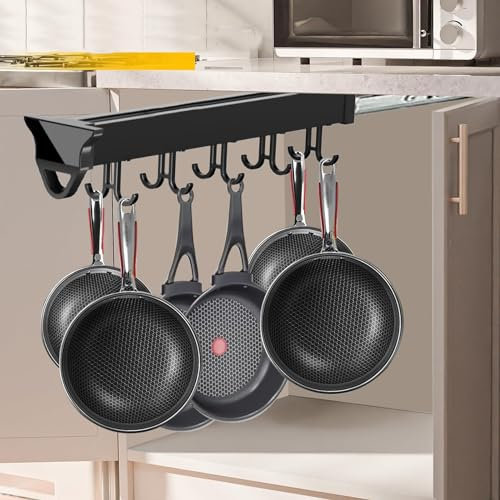 amhyicho Pots and Pans Organizer for Cabinet Load 75lbs Pull Out Hanging Pot Rack with 12 Adjustable Hooks Expandable Multifunctional Sliding Rail Hook Utility Broom Storage Garage Hanger